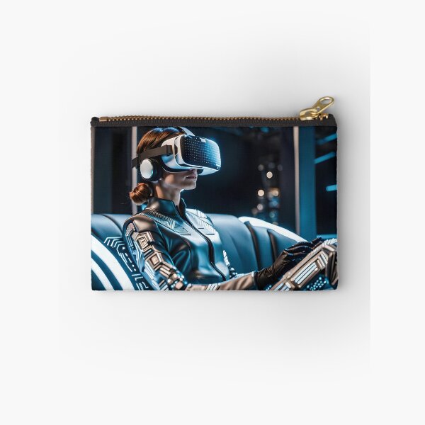 Item preview, Young woman dressed with futuristic clothing and gloves experiencing futuristic virtual reality glasses seated on a living room sofa. Generative Ai designed and sold by homydesign.