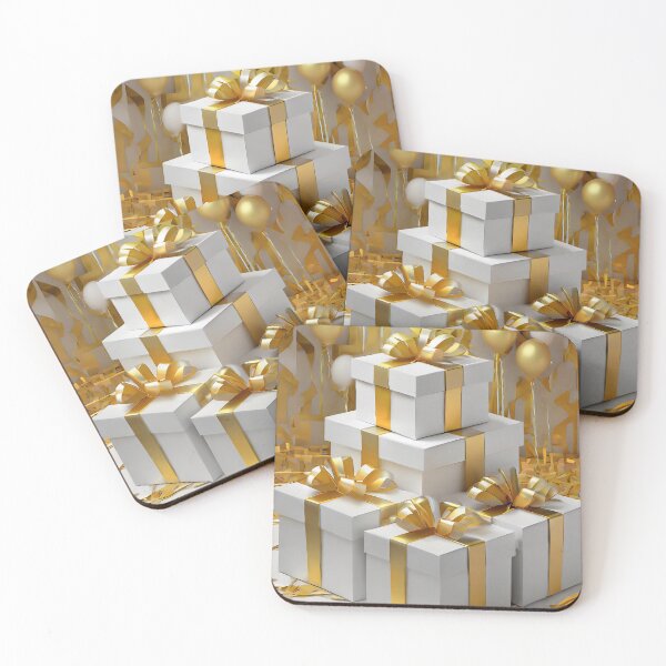 Item preview, White gift boxes with golden ribbons and scattered confetti on a golden background, conveying celebration and elegance. Generative Ai designed and sold by homydesign.