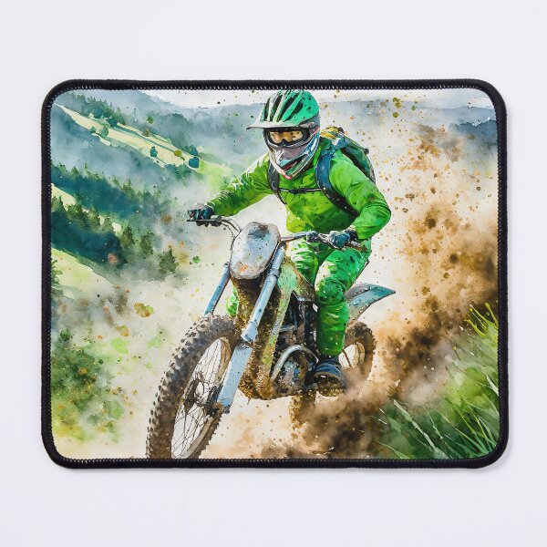 Item preview, A rider in green gear is on a dirt bike, kicking up dust on a trail, showcasing speed and skill designed and sold by homydesign.