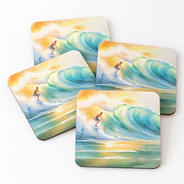 Item preview, Surfer rides a vibrant wave, painted with warm and cool hues reflecting the sunset’s glow. The artistry is fluid, dynamic designed and sold by homydesign.