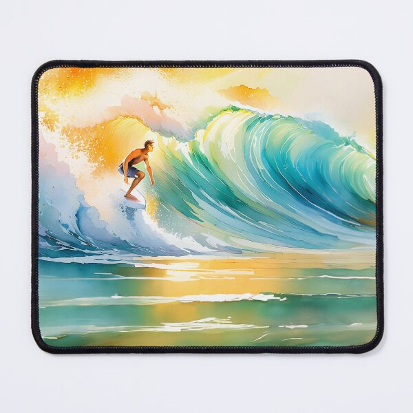 Item preview, Surfer rides a vibrant wave, painted with warm and cool hues reflecting the sunset’s glow. The artistry is fluid, dynamic designed and sold by homydesign.