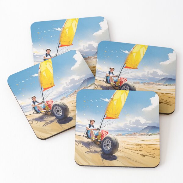 Item preview, A helmeted rider sails a yellow land yacht on a beach, with clouds and mountains behind designed and sold by homydesign.