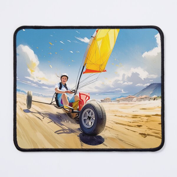 Item preview, A helmeted rider sails a yellow land yacht on a beach, with clouds and mountains behind designed and sold by homydesign.