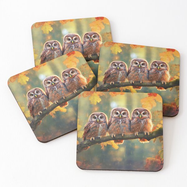 Item preview, Three owls on a branch amid autumn leaves designed and sold by homydesign.
