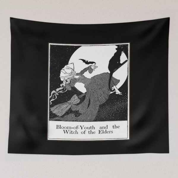 Item preview, Vintage Book Illustration with Witch on Broom with Black Cat and Bat designed and sold by MountMercantile.