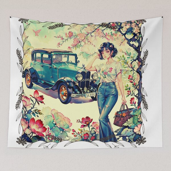 Item preview, The girl with her car surrounded by beautiful flowers designed and sold by PixelCraftDSG.