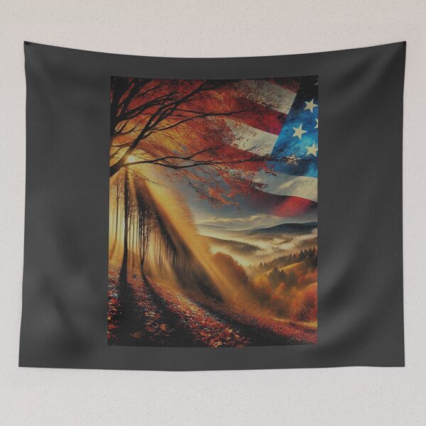 Item preview, Dramatic Autumn Forest: Vibrant Colors & Patriotic Mist designed and sold by ValorVerse.