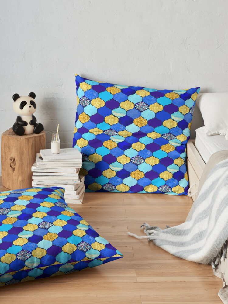 Alternate view of blue moroccan tiles with turquoise and gold, Floor Pillow