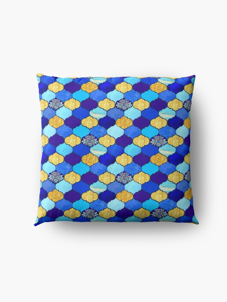 Alternate view of blue moroccan tiles with turquoise and gold, Floor Pillow