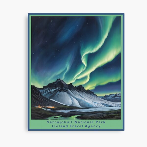 Item preview, Vatnajokull National Park Iceland,1950 style poster - volcano northern light and gletcher designed and sold by Museum Of Non-Existing Art.