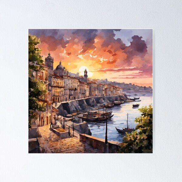 Item preview, Porto's Sunset Splendor: Watercolor Cityscape Beauty designed and sold by LSVart.