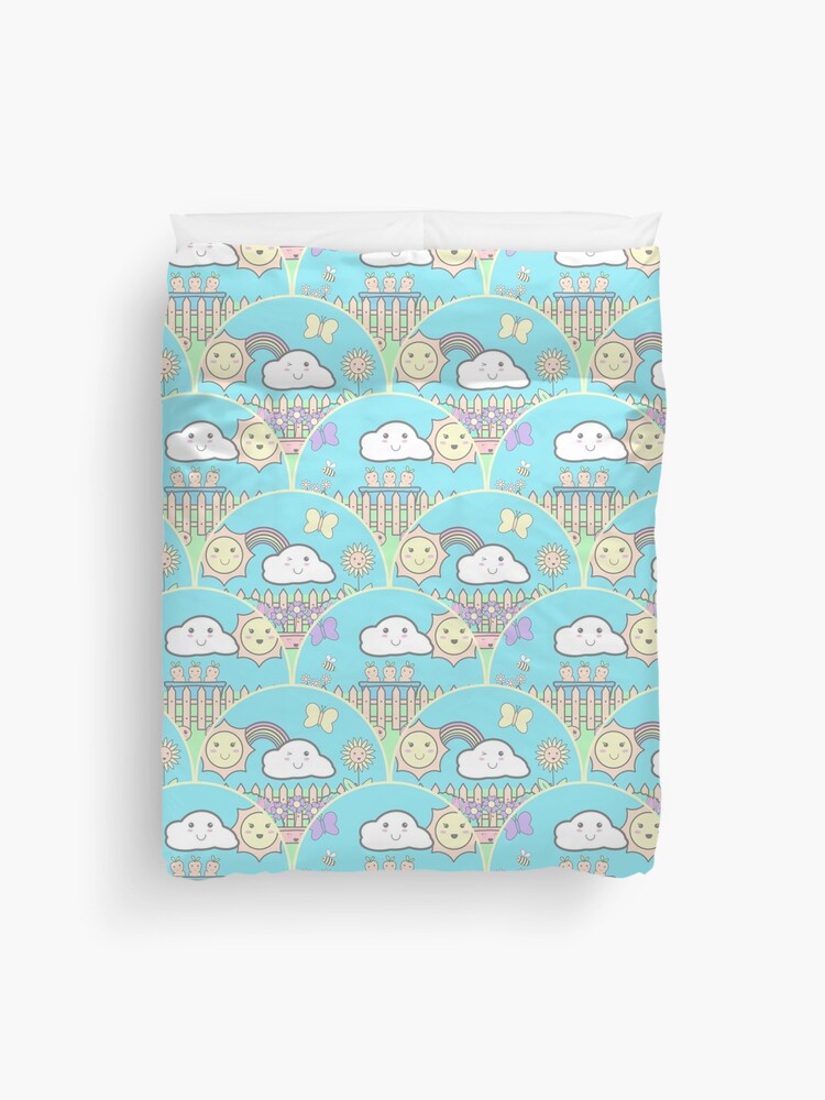 Duvet Cover, Cute Pastel Kawaii Garden Art Deco Scallop designed and sold by Triplicate Limited