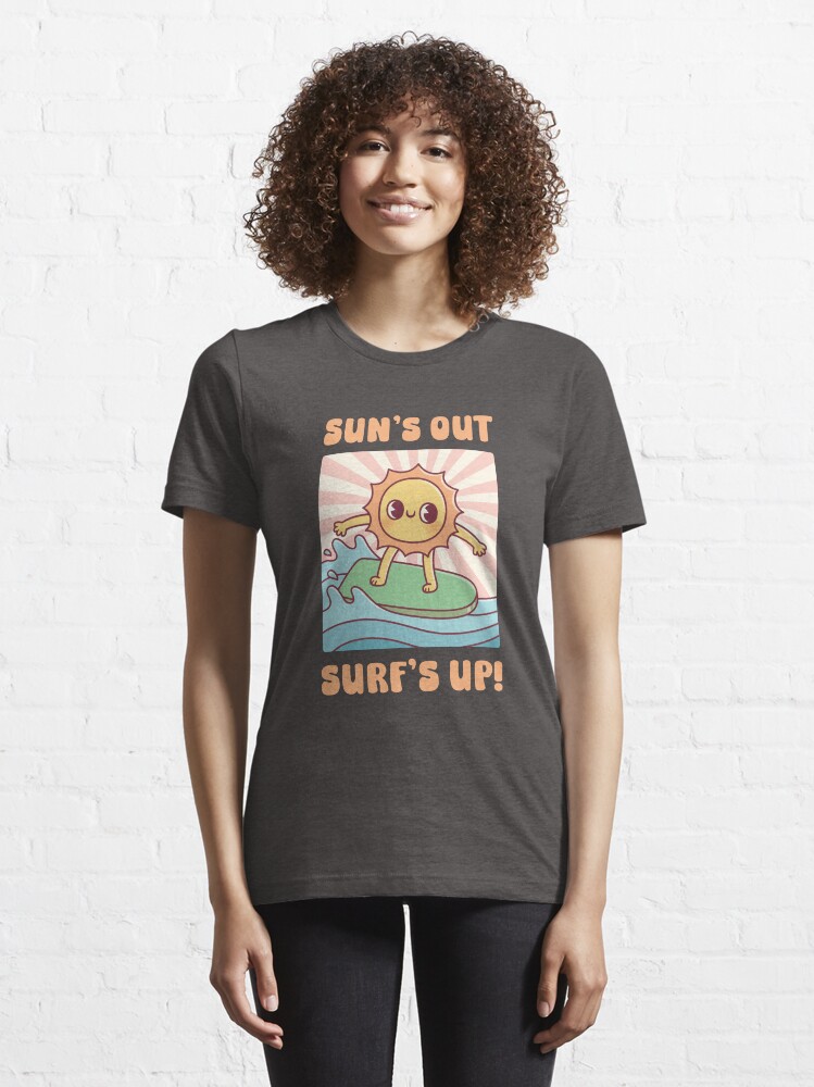 Cute Sun Surfing On Surfboard Suns Out Surfs Up Essential T Shirt for Sale by rustydoodle Redbubble