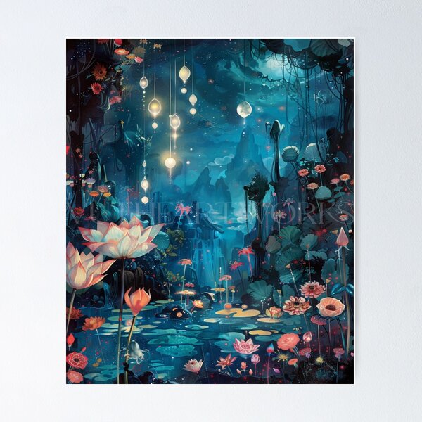 Item preview, Enchanted Moonlit Garden with Floating Lanterns designed and sold by veniamin11.
