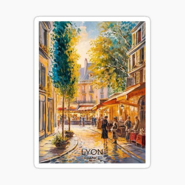 Vista previa del artículo con la obra «Vibrante mercado callejero de Lyon: encantador escenario de la ciudad francesa. Arte del cartel de viaje.», diseñado y vendido por Carraann .