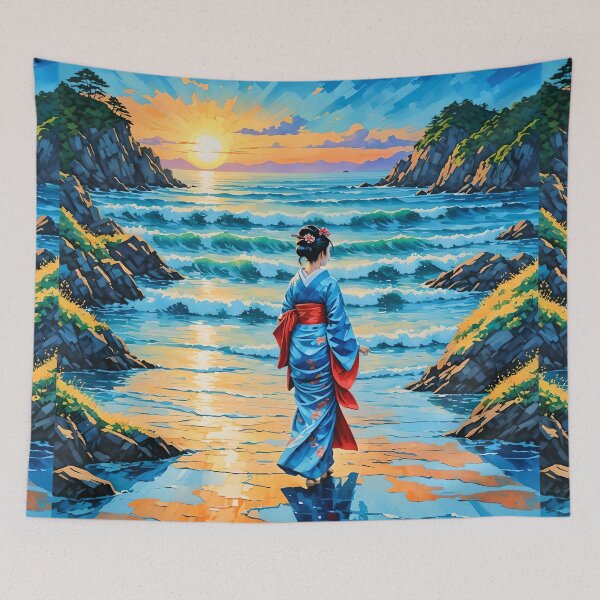 Item preview, Beautiful abstract geisha, kimono , in sunrise with flowers designed and sold by Coolparrotgirl.