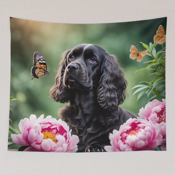 Item preview,  Black and  English cocker spaniel with peonie designed and sold by Coolparrotgirl.