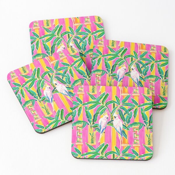 Item preview, Cockatoo parrots, banana leaves and pink and yellow stripes designed and sold by SophieClimaArt.