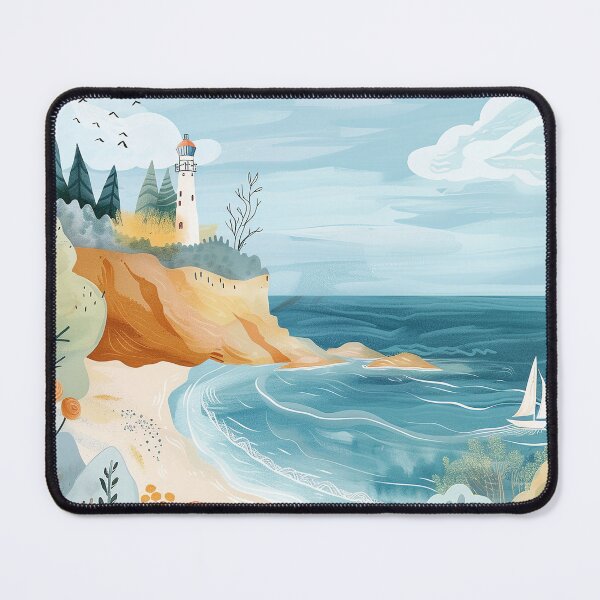 Item preview, Ocean beach scene with lighthouse and sailboat coastal blue minimalist art designed and sold by Inktown.