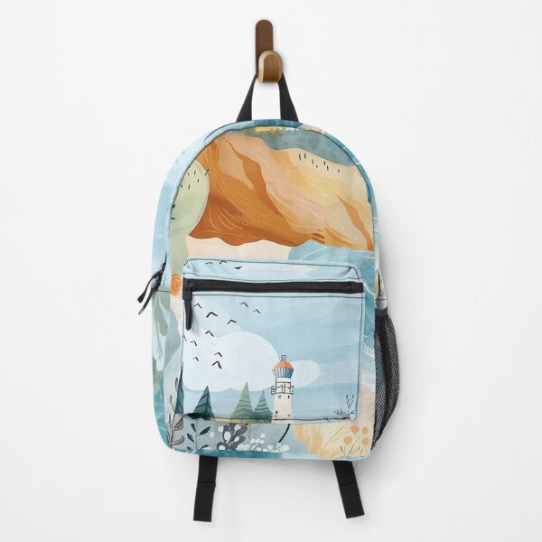 Item preview, Ocean beach scene with lighthouse and sailboat coastal blue minimalist art designed and sold by Inktown.