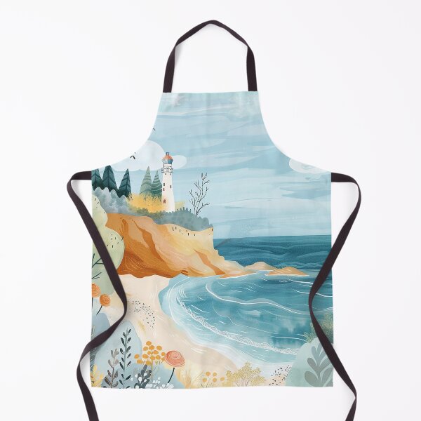 Item preview, Ocean beach scene with lighthouse and sailboat coastal blue minimalist art designed and sold by Inktown.