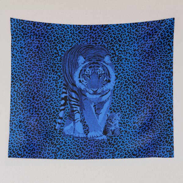 Item preview, Tiger mum with a blue animal print background designed and sold by SueKnox.