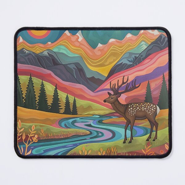 Item preview, Colorful stylized mountain range river and deer scenery art designed and sold by Inktown.