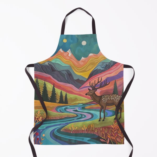 Item preview, Colorful stylized mountain range river and deer scenery art designed and sold by Inktown.
