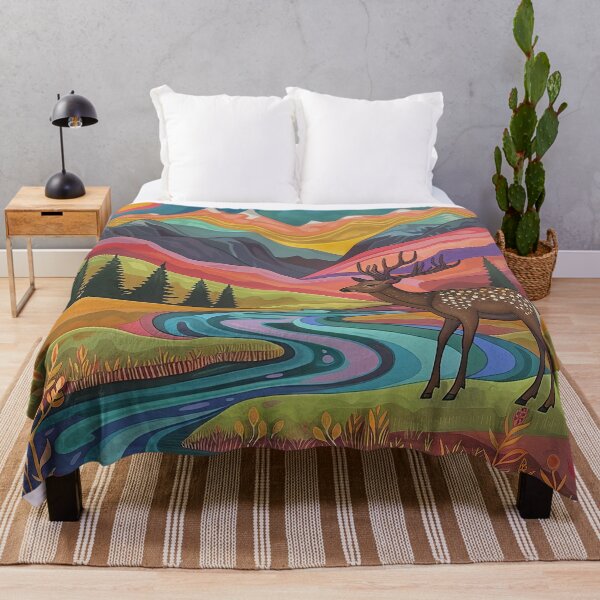 Artikelvorschau, Farbenfrohe, stilisierte Bergkette, Fluss und Hirschlandschaft entworfen und verkauft von Inktown.