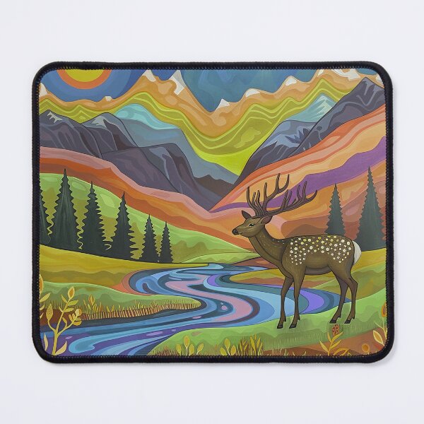 Item preview, Colorful stylized mountain range river and deer scenery art designed and sold by Inktown.