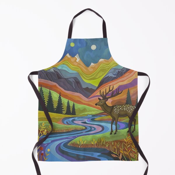 Item preview, Colorful stylized mountain range river and deer scenery art designed and sold by Inktown.