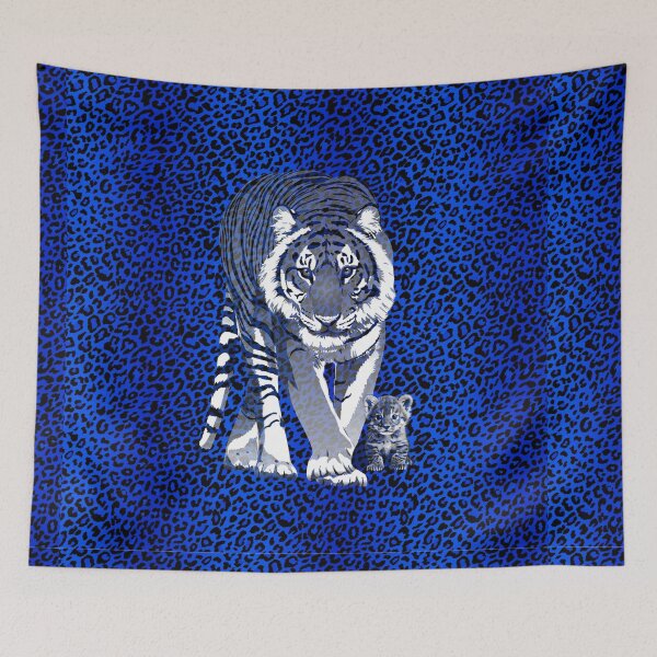 Item preview, Tiger mum with a blue animal print background_2 designed and sold by SueKnox.