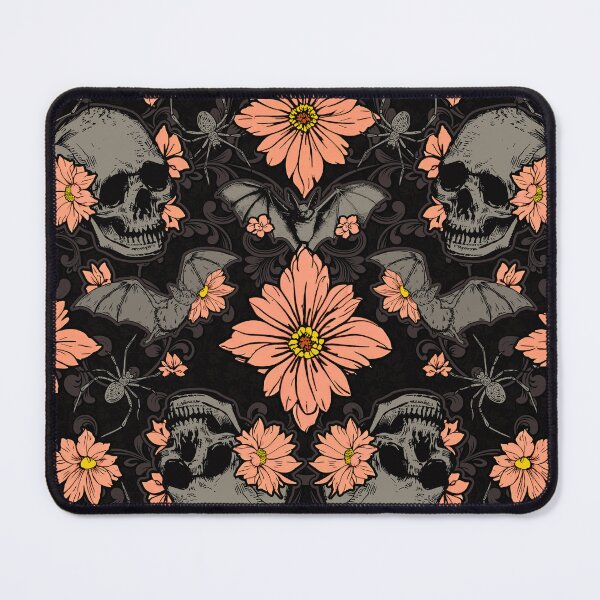 Item preview, Baroque Gothic Floral Skull, Bat & Spider Pattern in Coral Pink, Gray & Black designed and sold by RedFinchDesigns.