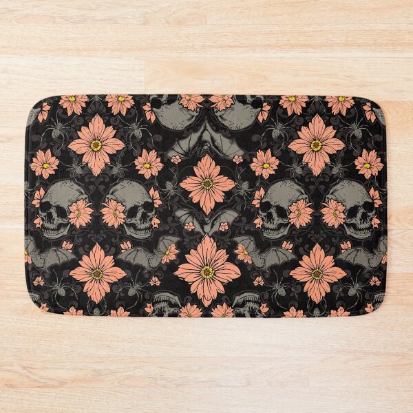 Item preview, Baroque Gothic Floral Skull, Bat & Spider Pattern in Coral Pink, Gray & Black designed and sold by RedFinchDesigns.