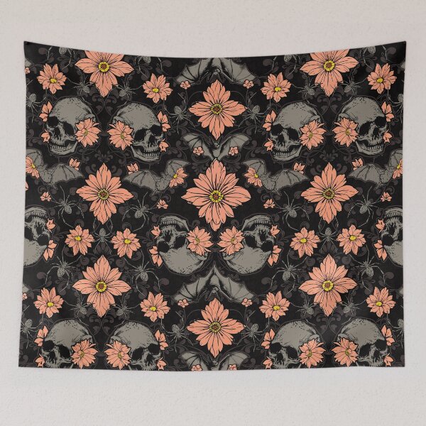 Item preview, Baroque Gothic Floral Skull, Bat & Spider Pattern in Coral Pink, Gray & Black designed and sold by RedFinchDesigns.