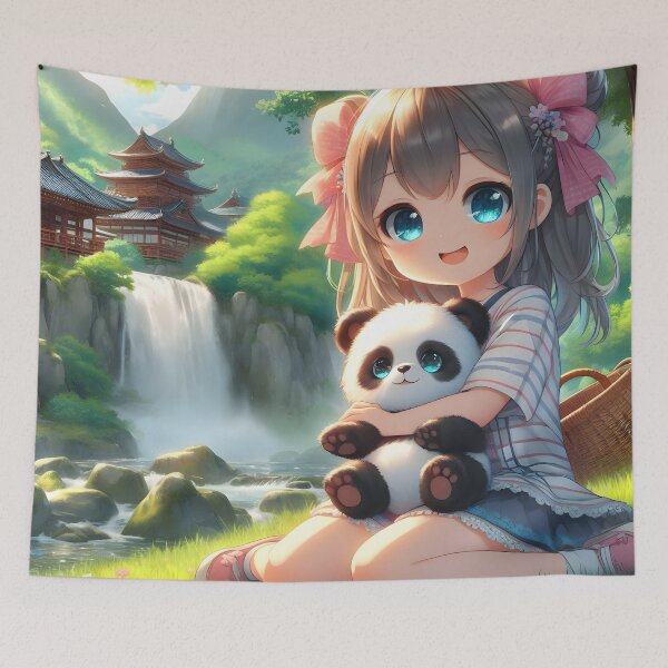 Item preview, Little girl with baby panda on her lap, anime/manga art designed and sold by Salimgor Hangaround Music.