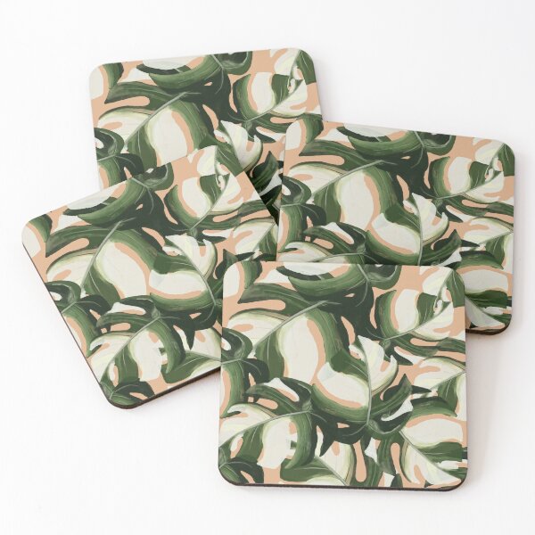 Item preview, Monstera Albo Leaves Pattern with lpastel peach background designed and sold by patterncrow.