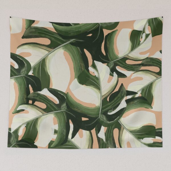 Item preview, Monstera Albo Leaves Pattern with lpastel peach background designed and sold by patterncrow.