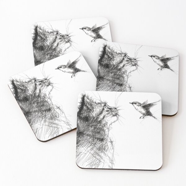 Item preview, Drawing, sketch, Cat playing with a little bird, cute cat designed and sold by ateliersabourin.