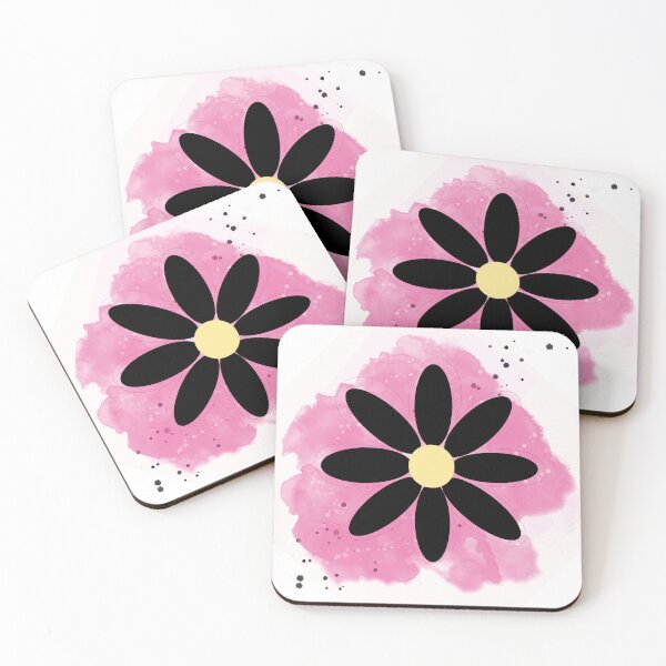 Item preview, Black daisy with yellow center on a pink watercolor  grid-like background designed and sold by SimoesArtistry.