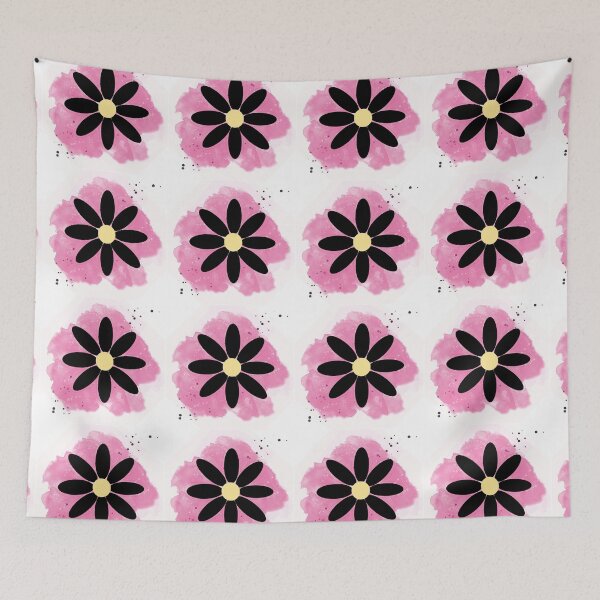 Item preview, Black daisy with yellow center on a pink watercolor  grid-like background designed and sold by SimoesArtistry.