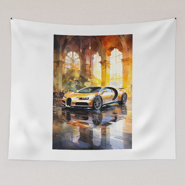 Item preview, Golden Bugatti Chiron Hypercar Inside Grand Hall With Arched Windows designed and sold by RevUpDesign.