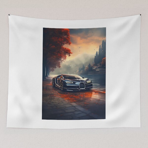Item preview, Black Bugatti Chiron Hypercar Next To Mystic Lake And Autumn Theme designed and sold by RevUpDesign.
