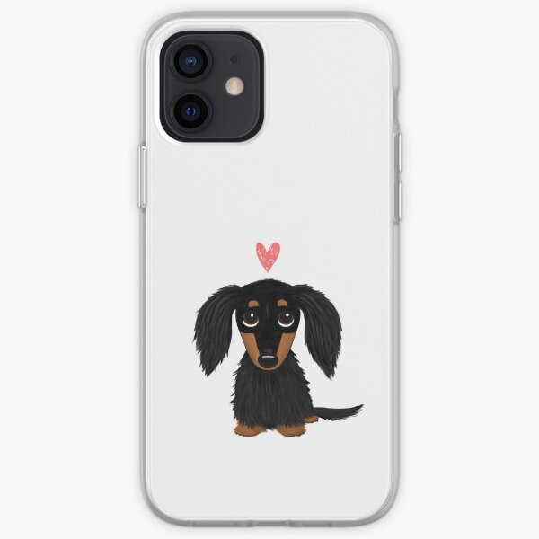 Perro de dibujos animados Dachshund de pelo largo negro y tostado con corazón Funda blanda para iPhone