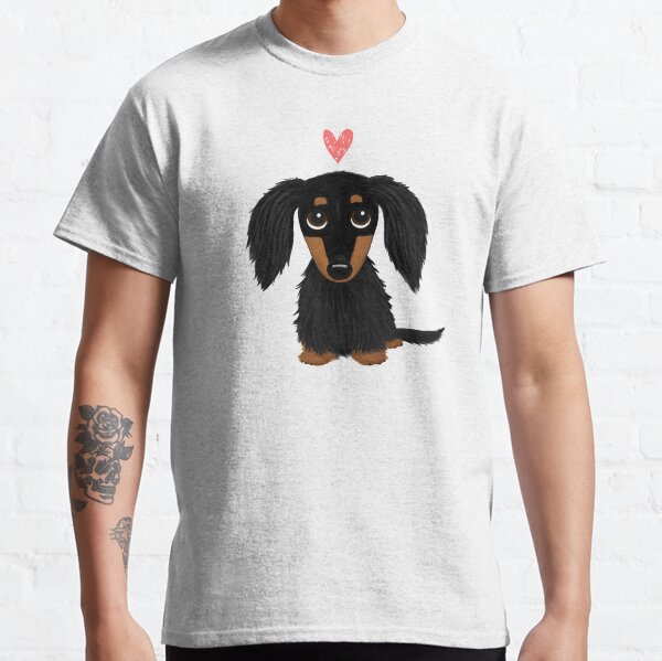 Black and Tan Longhaired Dachshund Cartoon Dog with Heart Classic T-Shirt
