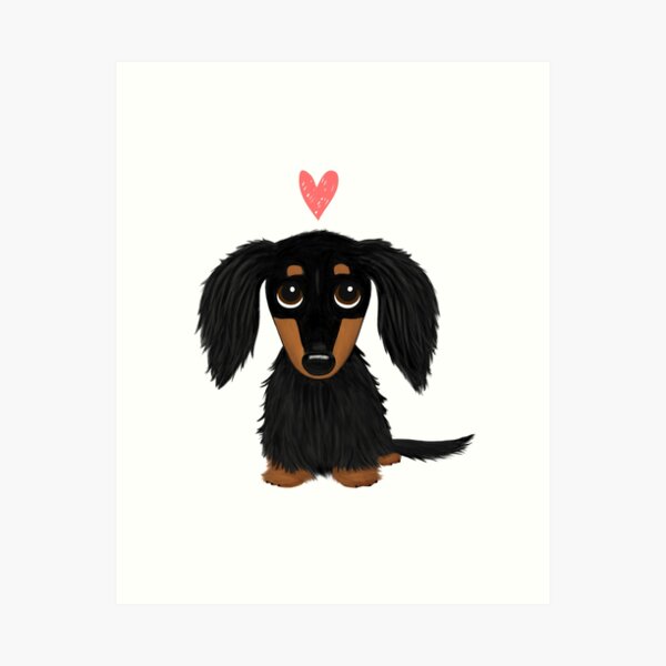 Vista previa del artículo con la obra «Perro salchicha de pelo largo de color negro y fuego de dibujos animados con corazón», diseñado y vendido por Jenn Inashvili.