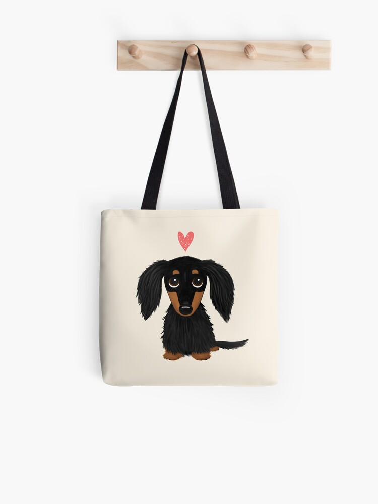 Chien De Dessin Animé Teckel à Poil Long Et Noir Avec Coeur Tote Bag