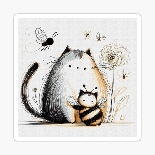 Aperçu de l'œuvre Chat mignon et abeille | Conception florale et papillon | Dessin au trait minimaliste | Adorable illustration inspirée de la nature créée et vendue par GOATMATCH.