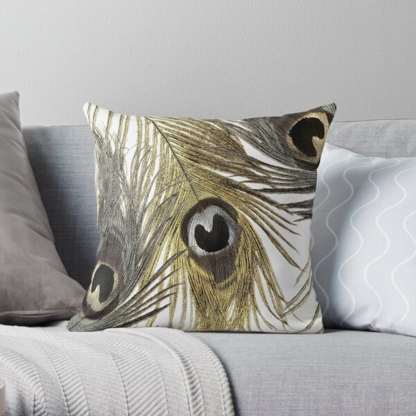 Gold and Silver Peacock Feathers Throw Pillow
