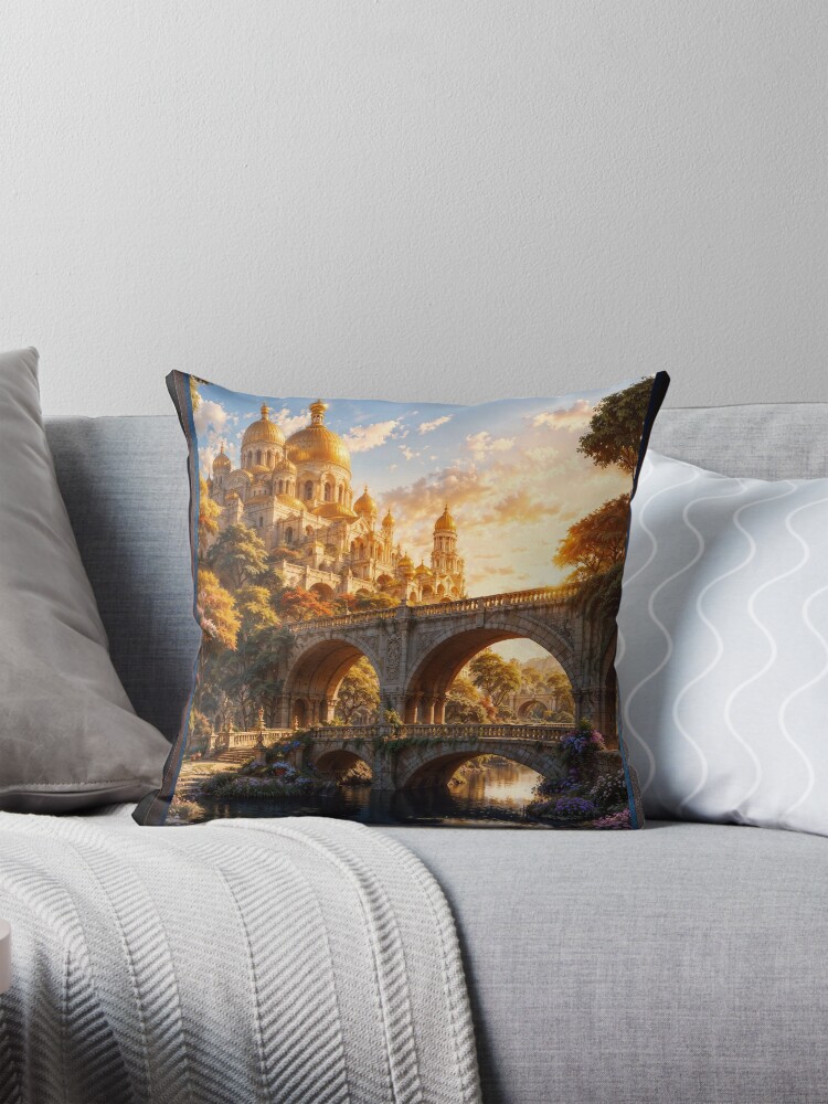 The Golden Temple Along The Belovus River AI Concept Art by Xzendor7 - A Magnificent Architectural Scene 4 The Golden Temple Along The Belovus River Astounding AI Concept Art by Xzendor7 Decorative Art Print Throw Pillow